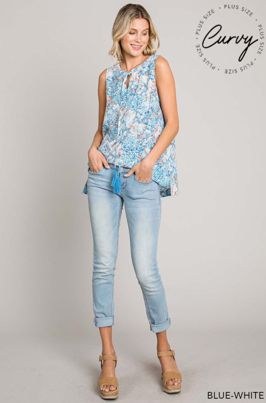 2 Colors - Summer Print Sleeveless Top with Neck Tie & Tassels