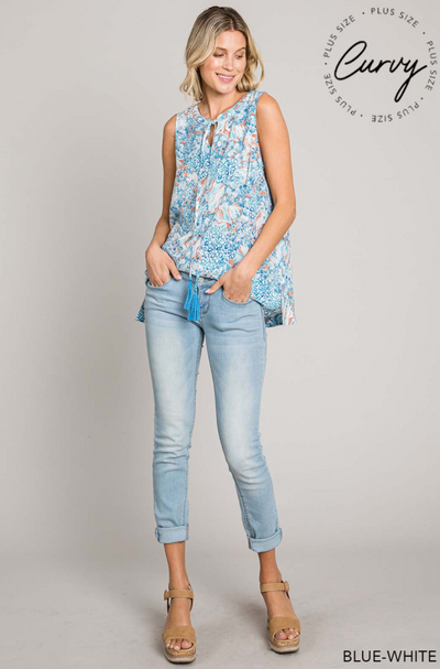 2 Colors - Summer Print Sleeveless Top with Neck Tie & Tassels