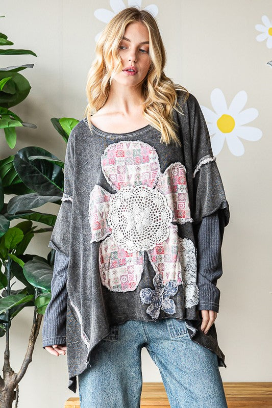 Mineral Washed Boho Oversized Boxy Flower Top - Oli & Hali