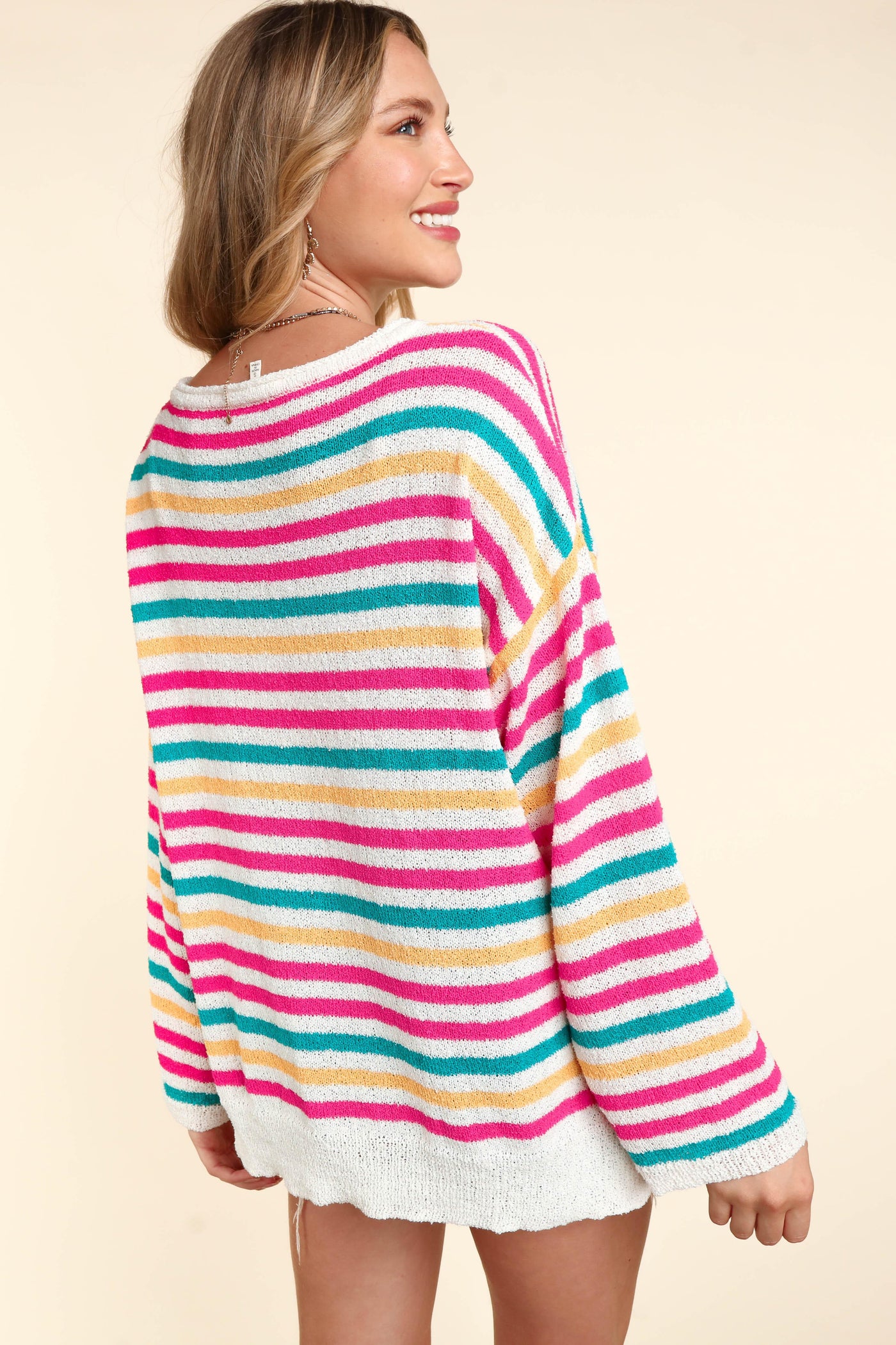 White Fuchsia Teal Striped Lightweight Summer Sweater