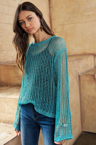 Jade Metallic Fishnet Open Knit Top with Lurex