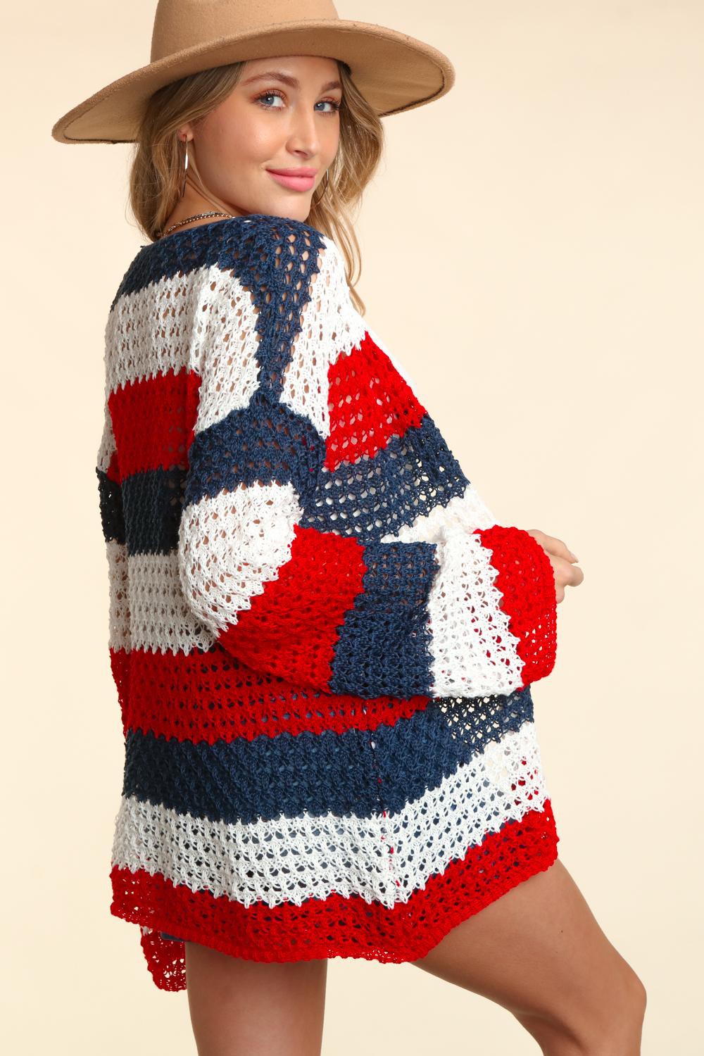 Red, White & Blue Stripe Open Knit Cardigan