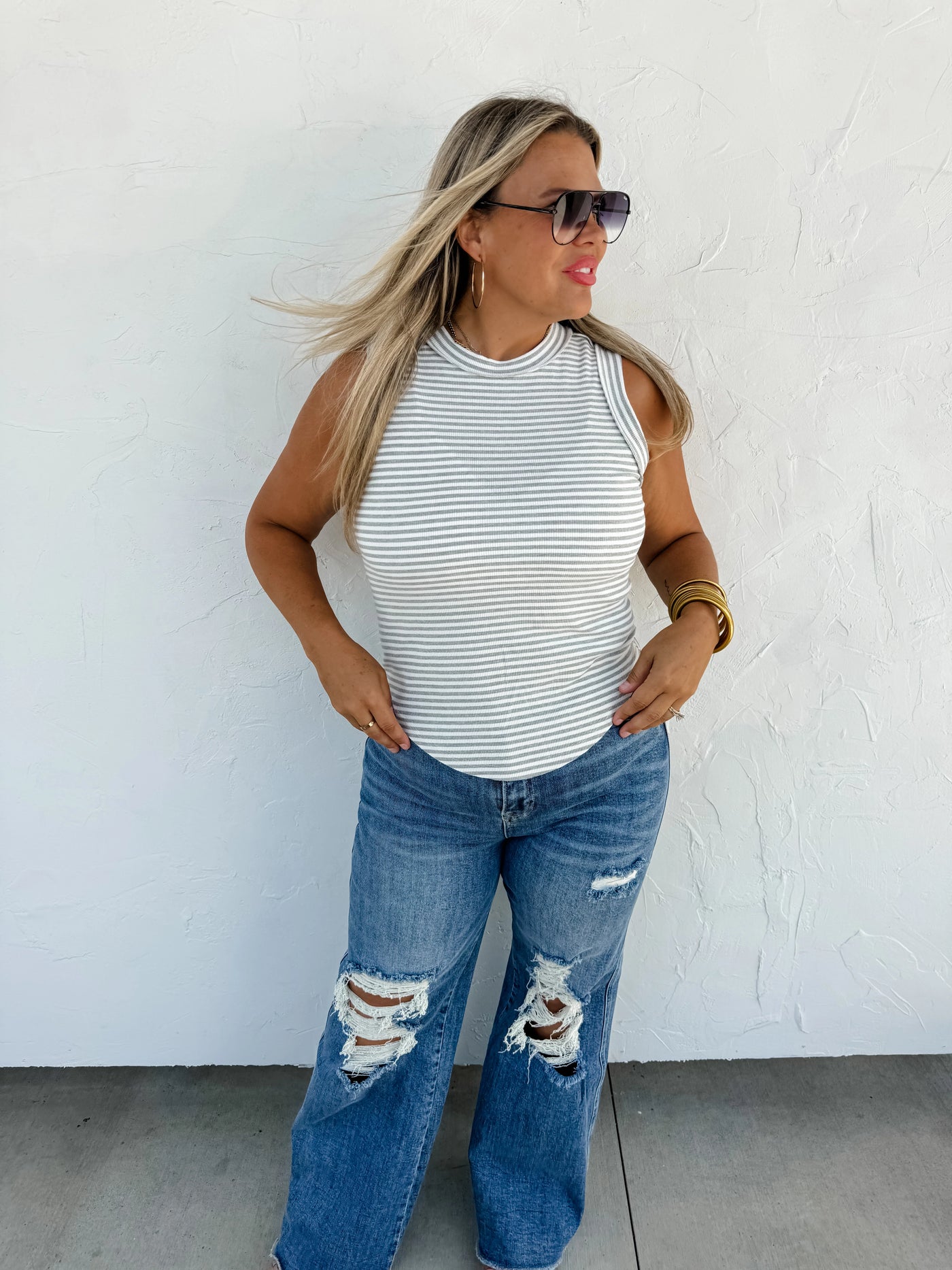 Bianca Striped Ribbed Tank Top - Blakeley - Gray and White