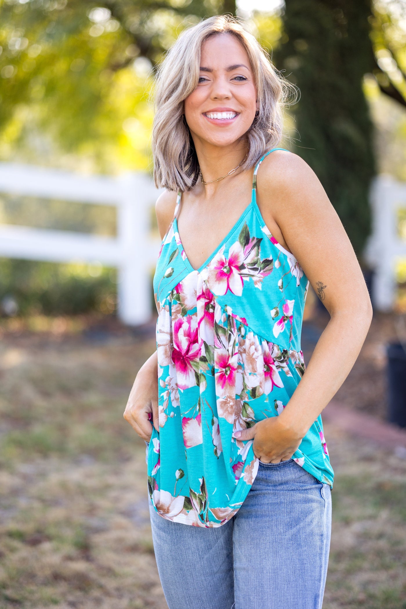 Turquoise and Fuchsia Floral Babydoll Tank