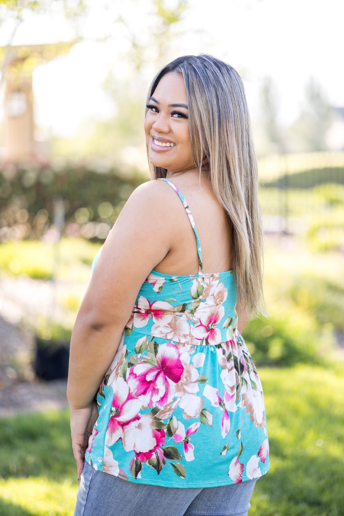 Turquoise and Fuchsia Floral Babydoll Tank