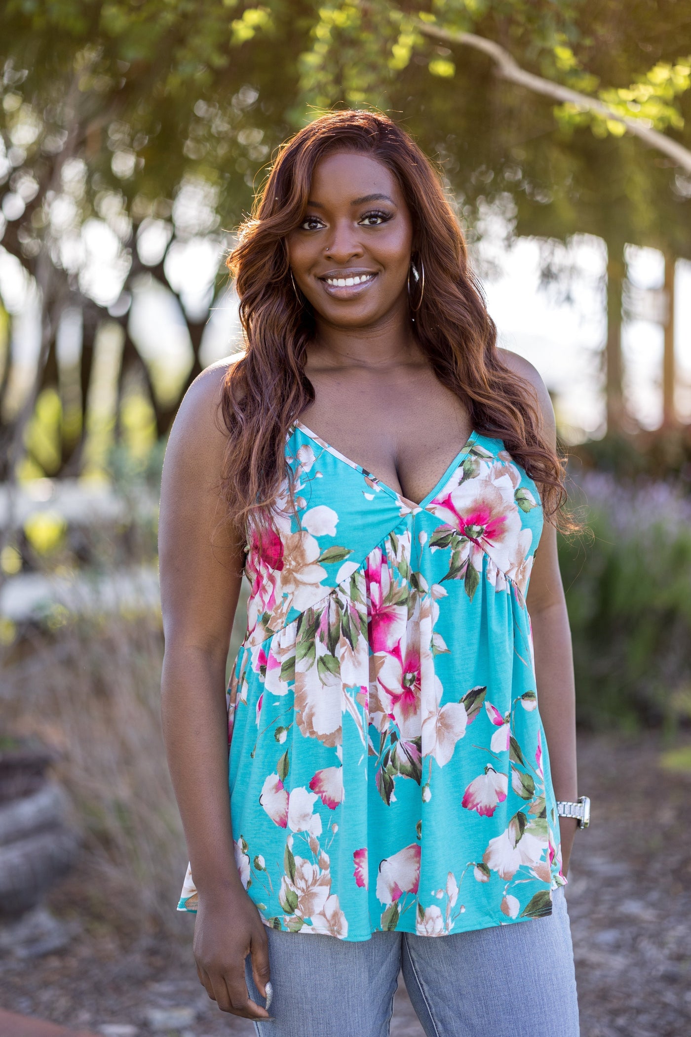 Turquoise and Fuchsia Floral Babydoll Tank