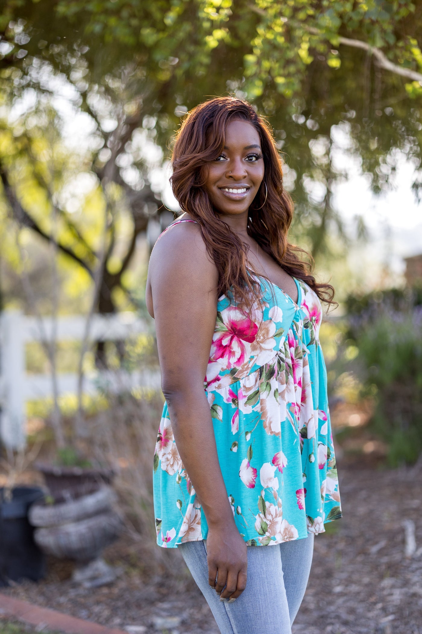 Turquoise and Fuchsia Floral Babydoll Tank