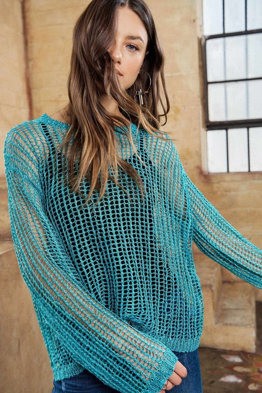 Jade Metallic Fishnet Open Knit Top with Lurex