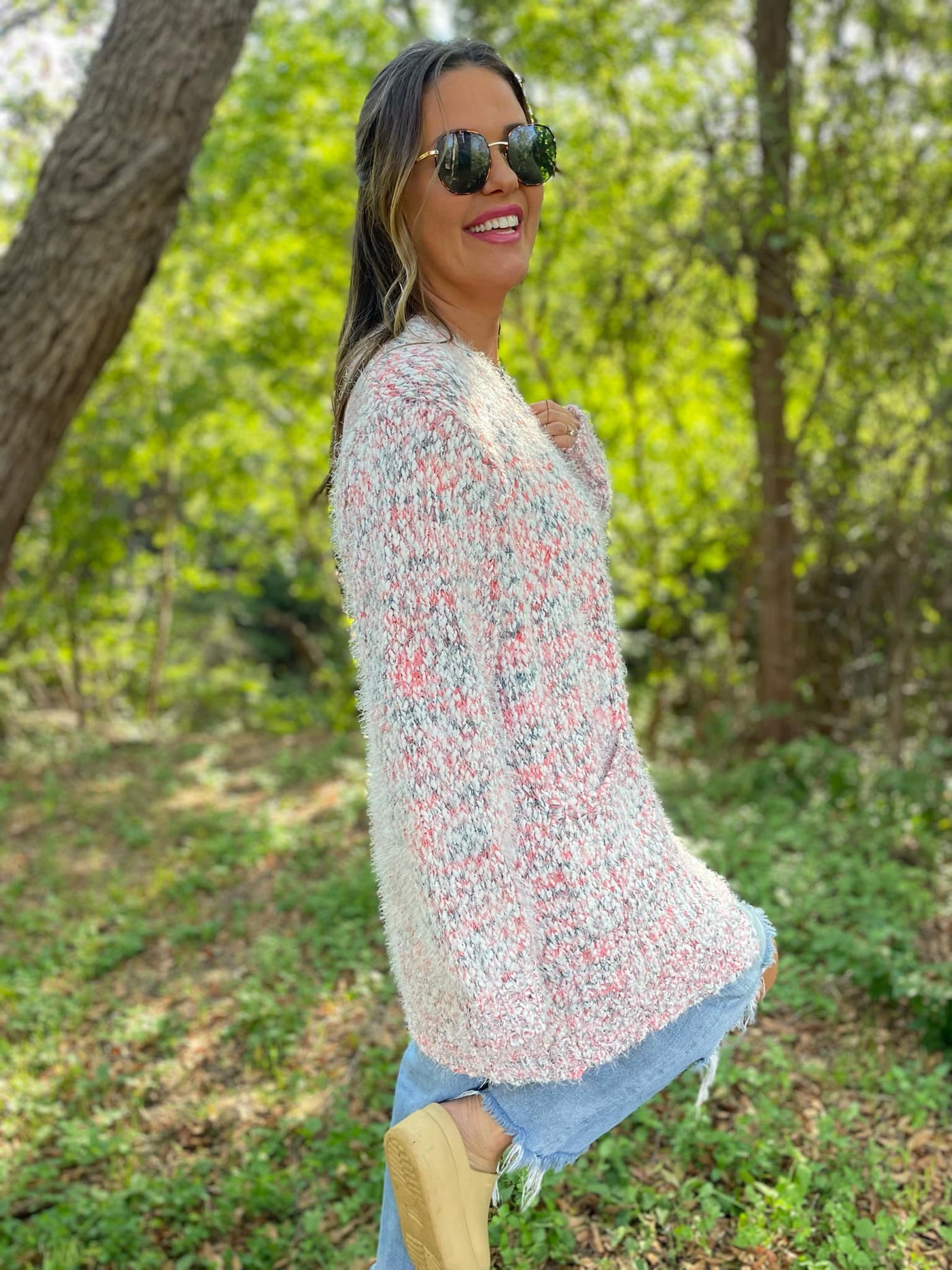 Fuzzy Bailey Cardigan in Cream and Pink