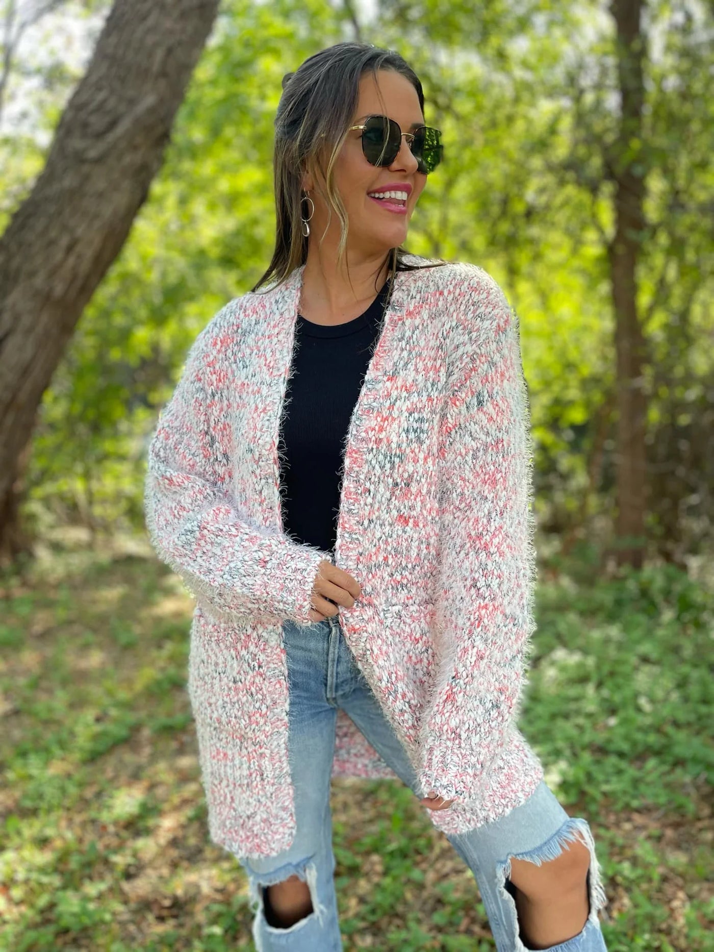 Fuzzy Bailey Cardigan in Cream and Pink