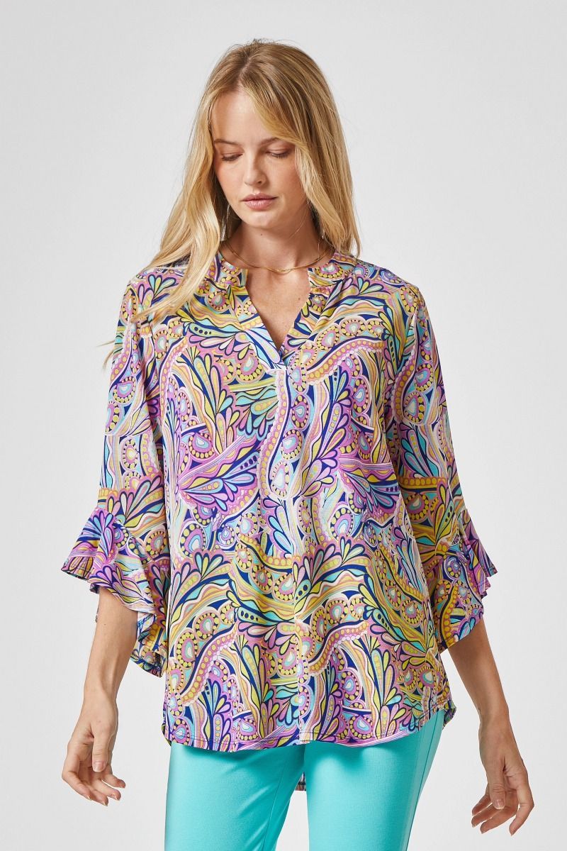 Faith Medallion Print Bell Sleeve Top - Wrinkle Free - Dear Scarlett