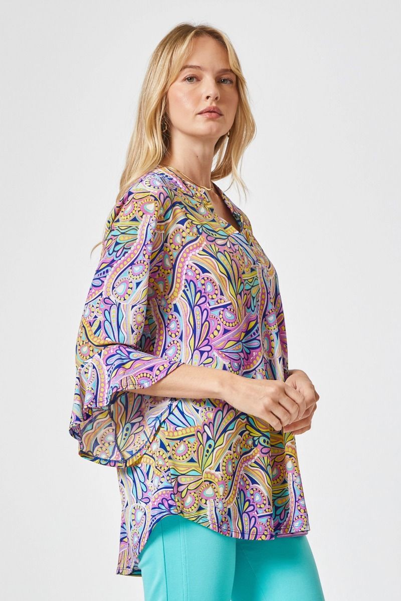 Faith Medallion Print Bell Sleeve Top - Wrinkle Free - Dear Scarlett