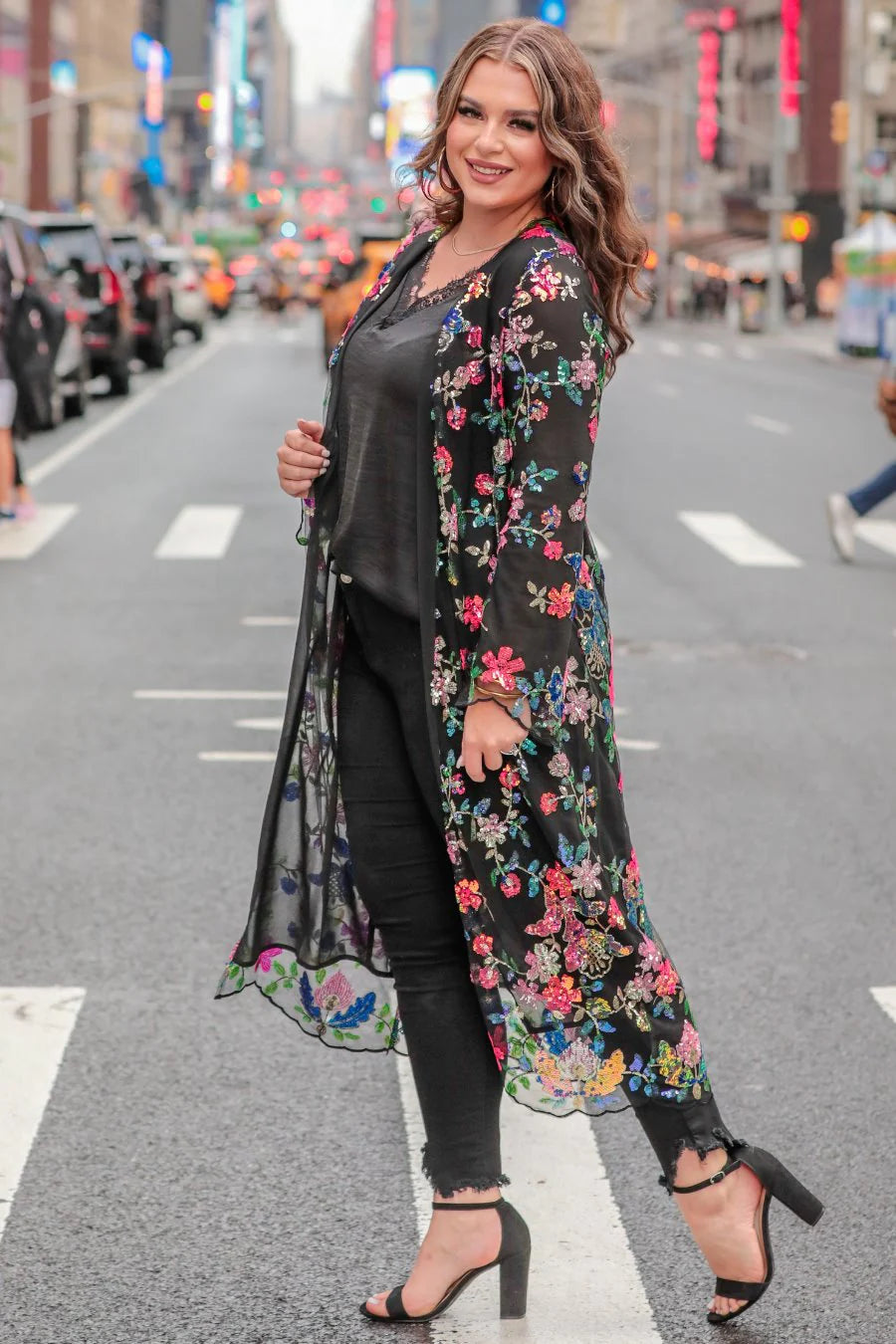 Glamorous Jess Lea Floral Sequin Kimono - Black