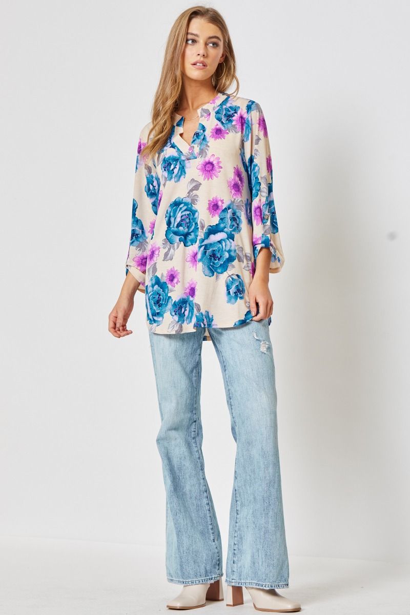 3/4 Sleeve Blue & Lilac Floral on Beige LIZZY Top - Wrinkle Free - Dear Scarlett