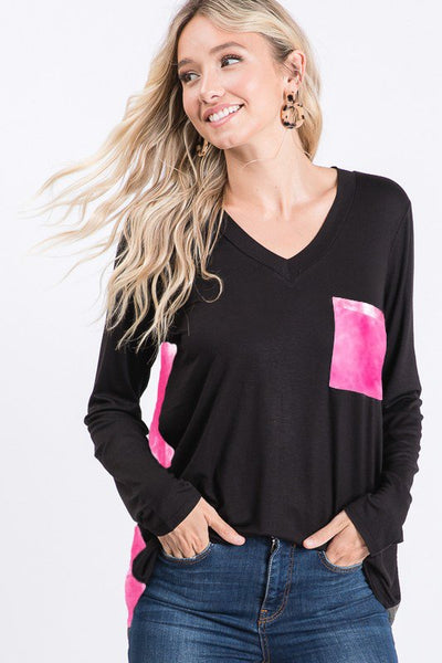 Black Tunic Top with Hot Pink Tie Dye Back & Accent Pocket