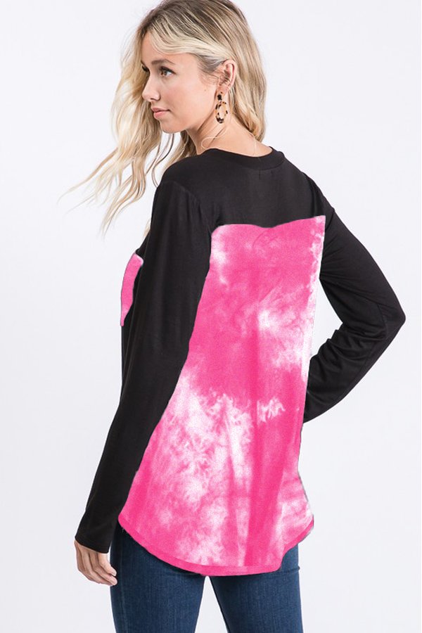 Black Tunic Top with Hot Pink Tie Dye Back & Accent Pocket