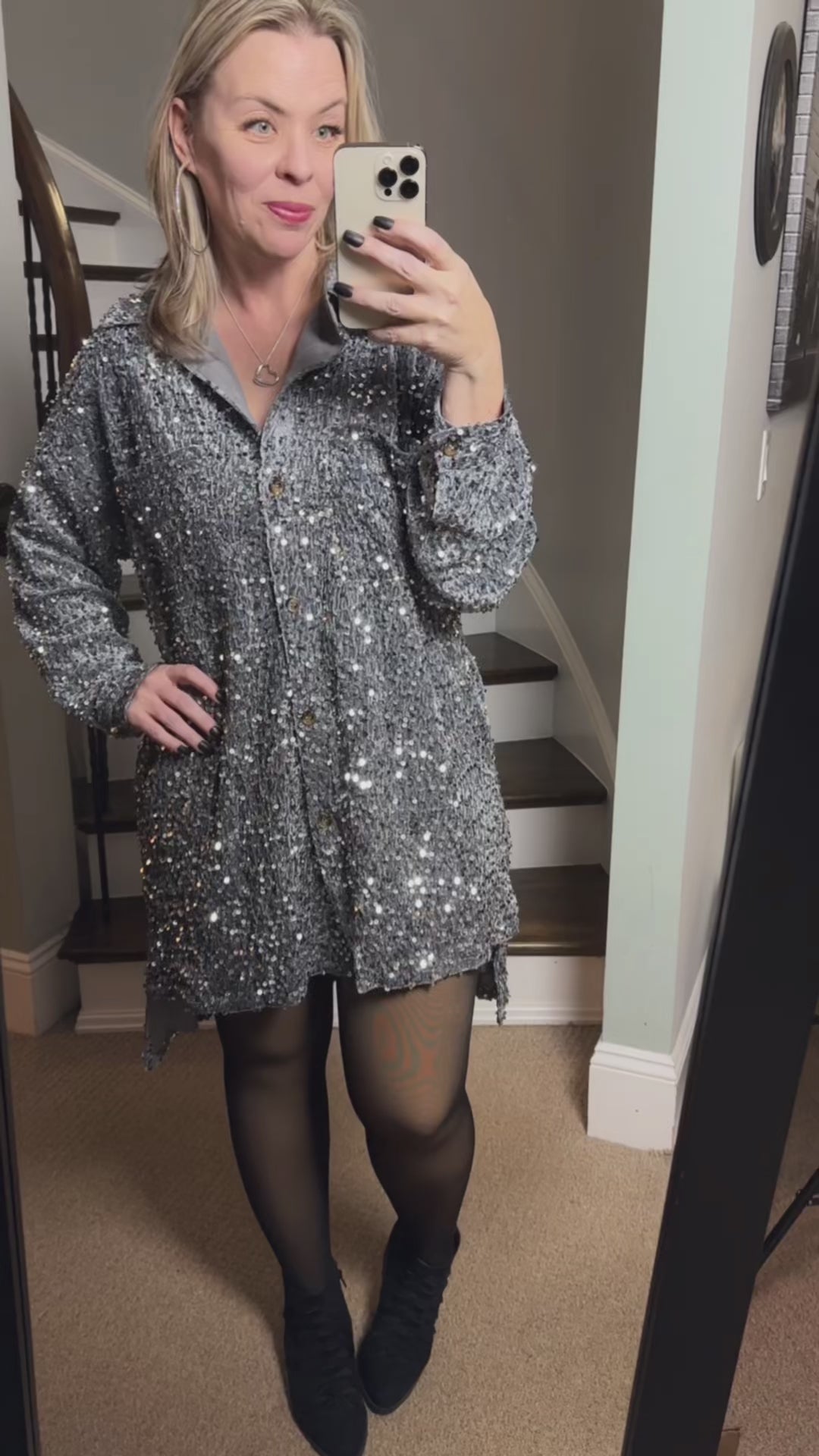 2 Colors - Sequins and Velvet Button Down Shirt Dress / Cardigan