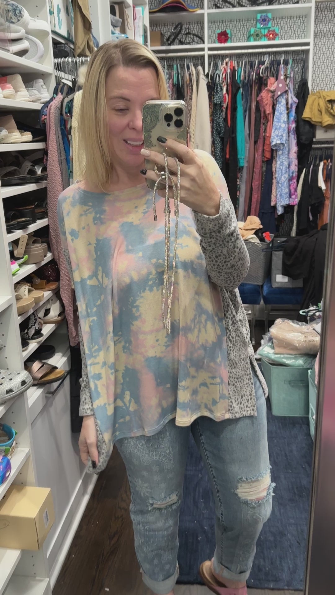 Brushed Soft Tie Dye & Cheetah Print Tunic Top