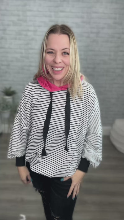 Black and White Stripes with Hot Pink Hood - Hoodie - Andree by Unit