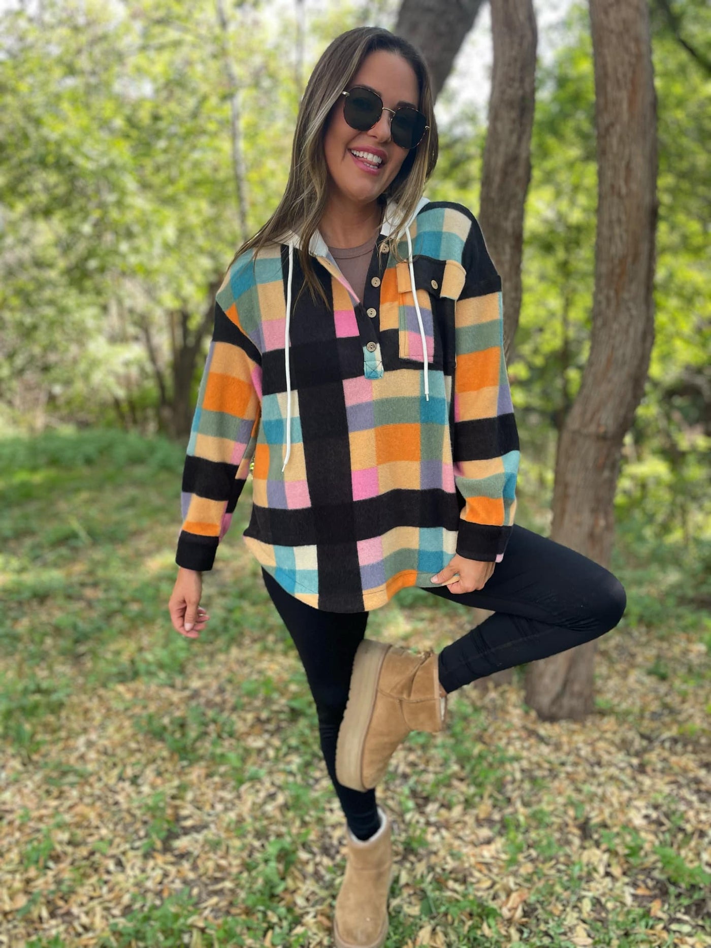 Rainbow Plaid Cozy Fleece Hoodie with Buttons