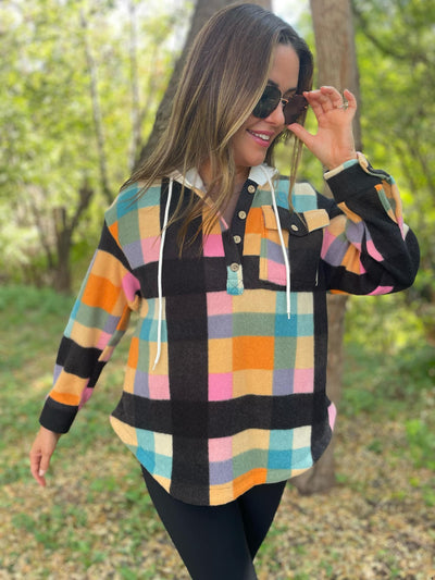 Rainbow Plaid Cozy Fleece Hoodie with Buttons