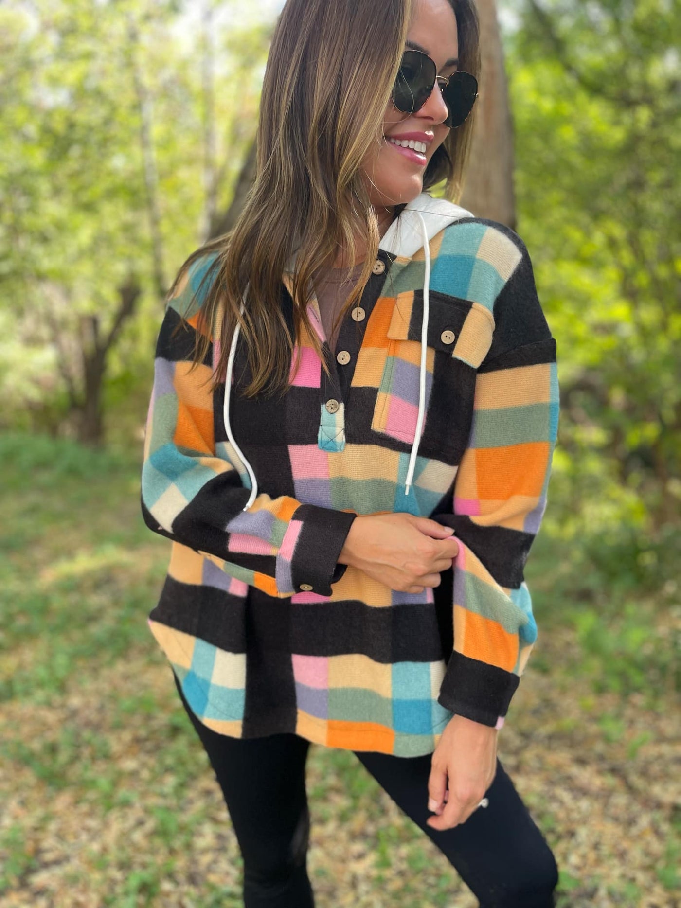 Rainbow Plaid Cozy Fleece Hoodie with Buttons