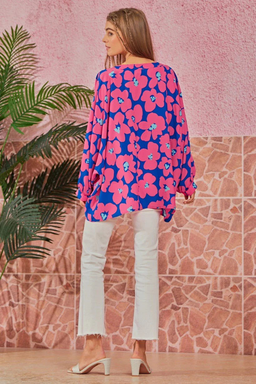 Vibrant Hot Pink and Royal Blue Large Scale Floral Print Top - Emily Wonder