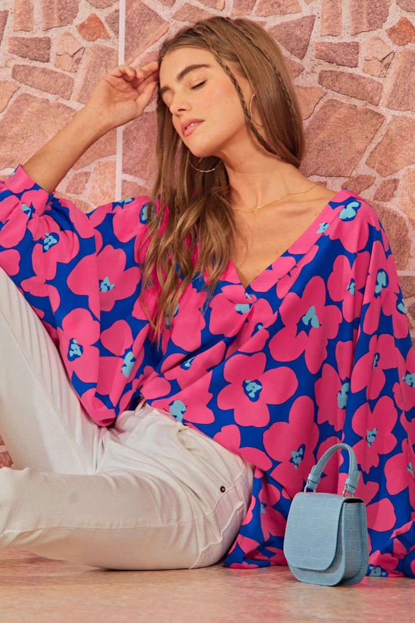 Vibrant Hot Pink and Royal Blue Large Scale Floral Print Top - Emily Wonder