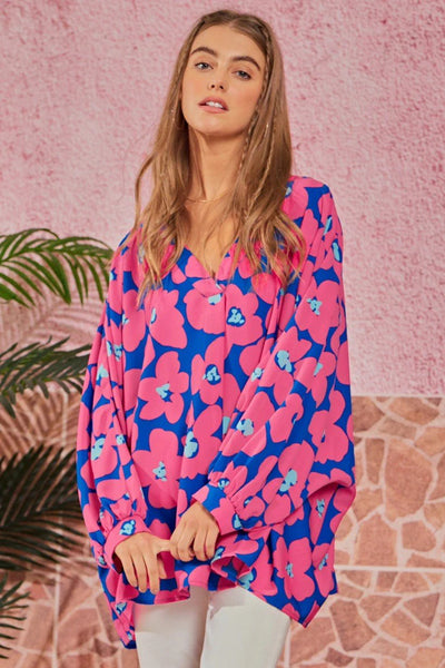 Vibrant Hot Pink and Royal Blue Large Scale Floral Print Top - Emily Wonder