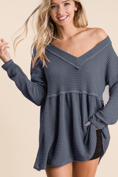 Inside Out Waffle Knit V-Neck Babydoll Top