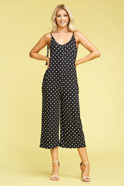 Tie Shoulder Wide Leg Cropped Polka Dot Jumpsuit