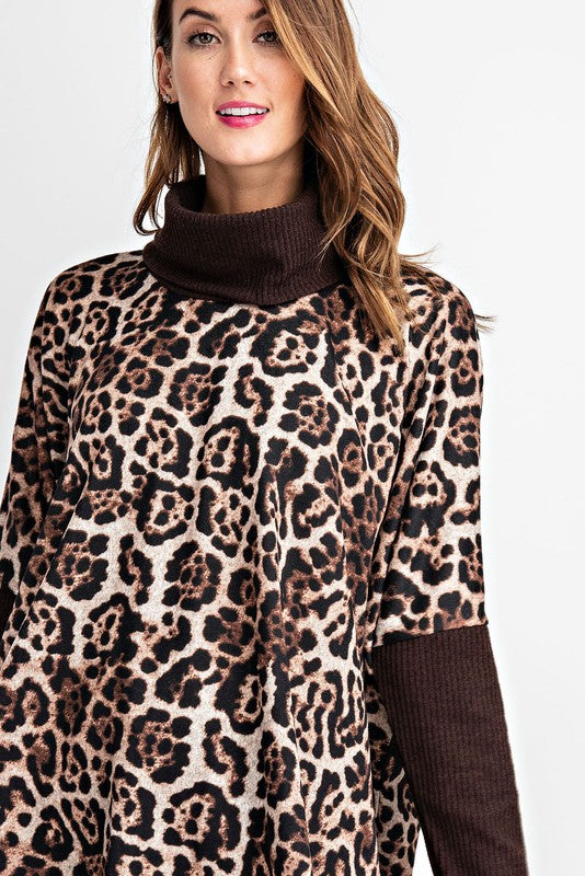 Brown Animal Print Boxy Top with Turtleneck / Cowl Neck