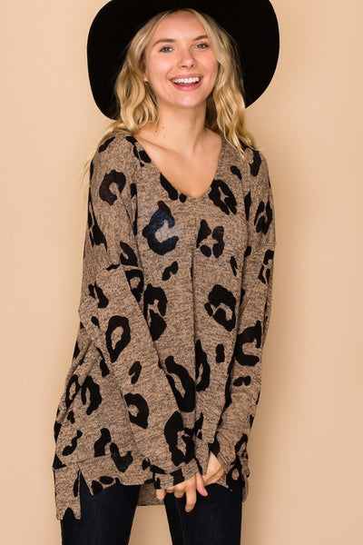 Mocha and Black Animal Print V-Neck Knit Boxy Top