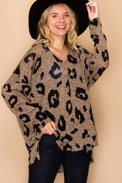 Mocha and Black Animal Print V-Neck Knit Boxy Top