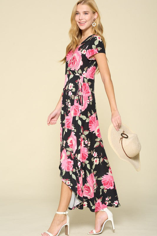 Fuchsia Floral Print outlets Wrap Maxi Dress