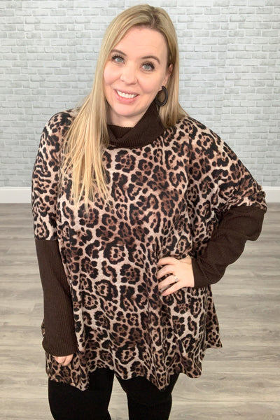 Brown Animal Print Boxy Top with Turtleneck / Cowl Neck