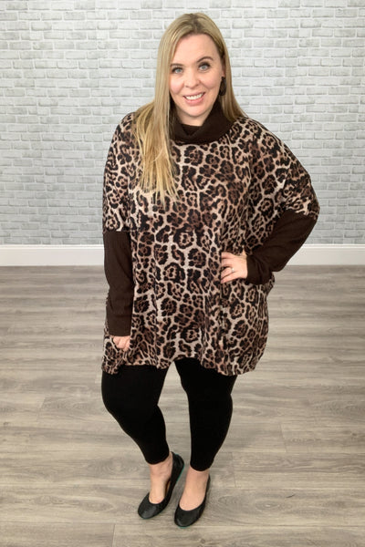 Brown Animal Print Boxy Top with Turtleneck / Cowl Neck