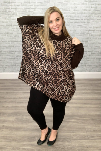 Brown Animal Print Boxy Top with Turtleneck / Cowl Neck