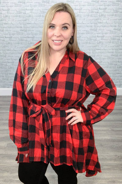 Red & Black Buffalo Plaid Hi-Lo Hem Button Front Flannel Tunic {Andree by Unit}