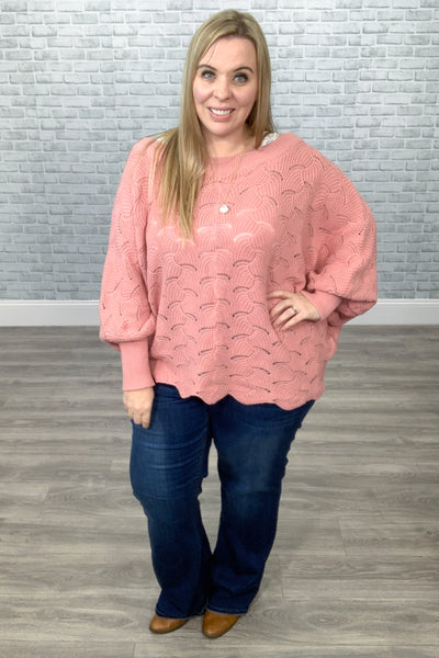 Fan-Crochet Knit Scallop Edged Sweater - Dusty Pink {Andree by Unit}