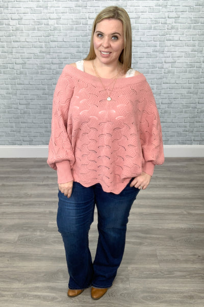 Fan-Crochet Knit Scallop Edged Sweater - Dusty Pink {Andree by Unit}