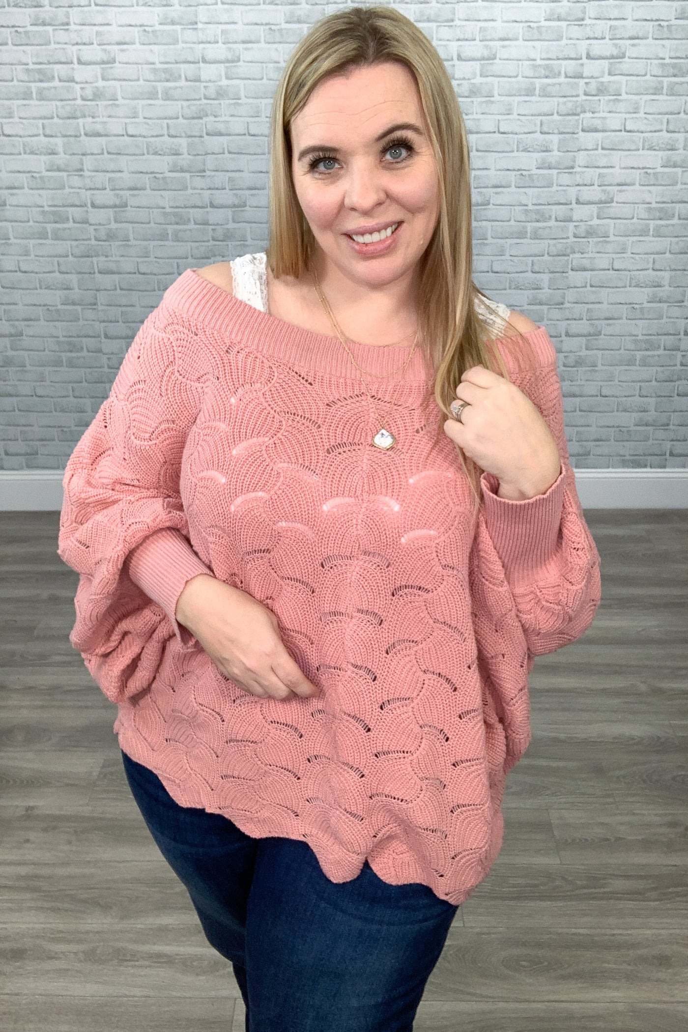 Fan-Crochet Knit Scallop Edged Sweater - Dusty Pink {Andree by Unit}