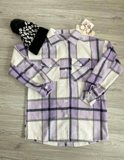 Lilac Purple, Ivory, and Gray Plaid Flannel Shacket - Shirt Jacket