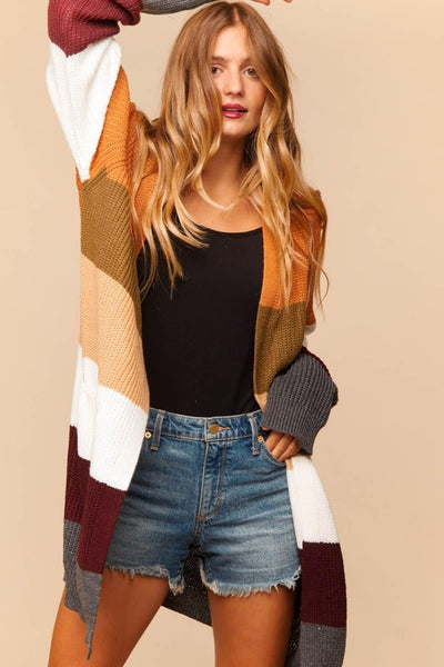 Fall Breeze Wide Stripe Sweater Knit Cardigan with pockets