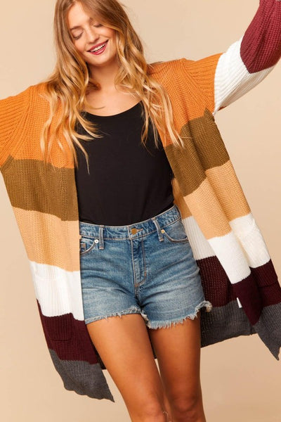 Fall Breeze Wide Stripe Sweater Knit Cardigan with pockets