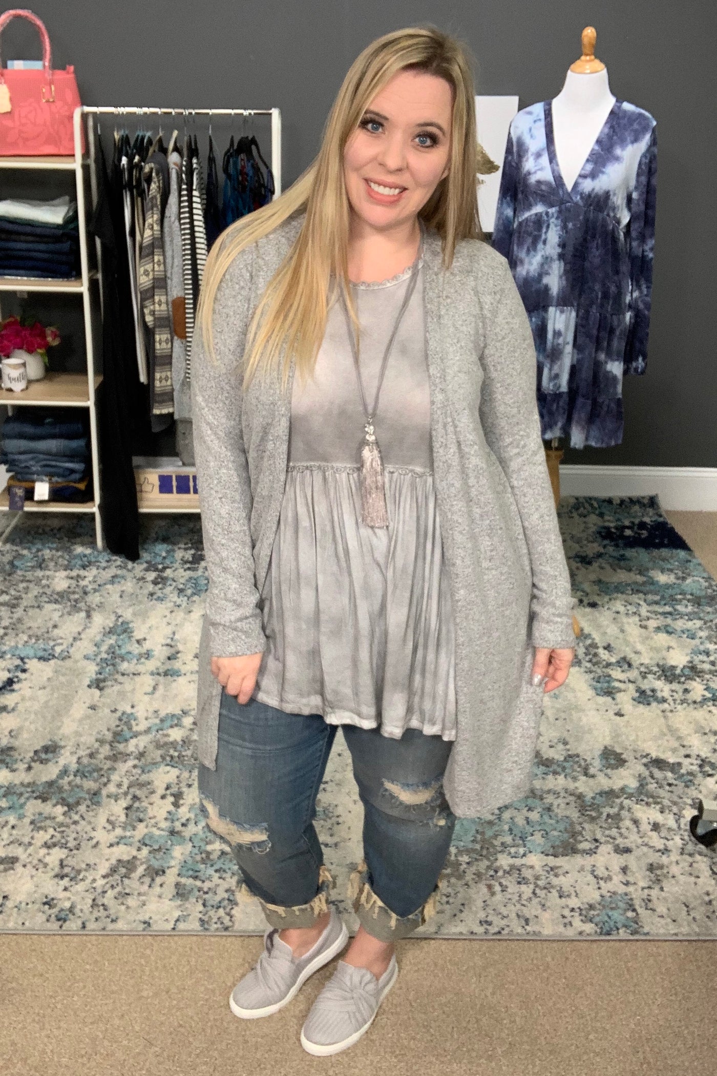 Super Soft Long Sleeve Hacci Open Front Cardigan - Heather Gray