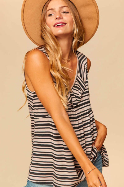 Taupe & Black Striped V-Neck Ruffle Babydoll Tank