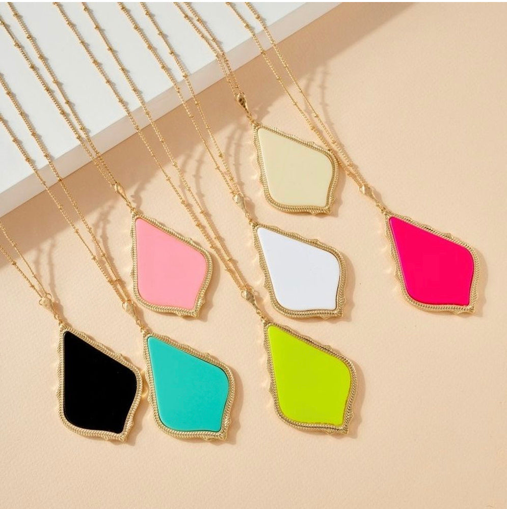 The “Tamela” - Long Gold Pendant Necklace - Neon Pink, Neon Yellow, or Teal