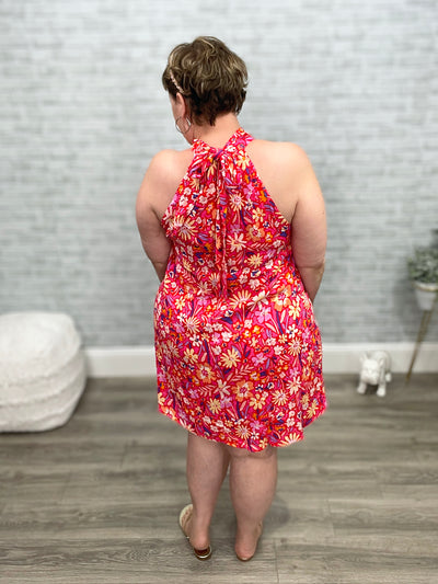 Halter Neck with Back Tie Floral A-Line Dress