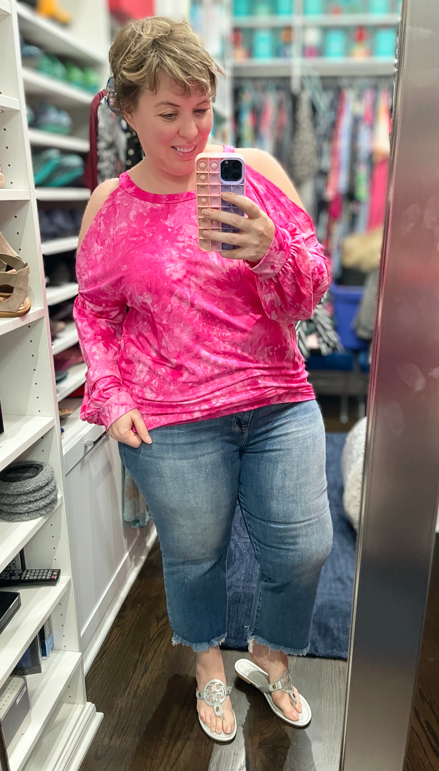 Fuschia Hot Pink Tie Dye Cold Shoulder Top